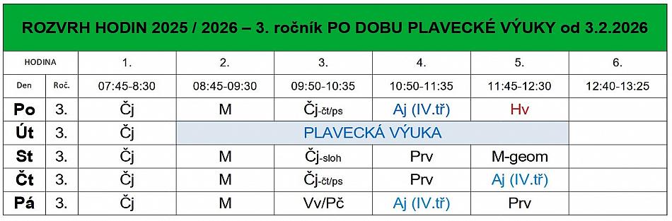 Rozvrh hodin 3. ročník 2025 / 2026
