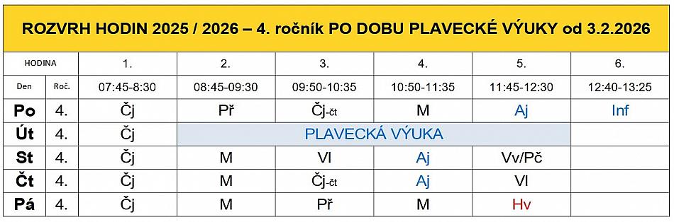 Rozvrh hodin 4. ročník 2025 / 2026