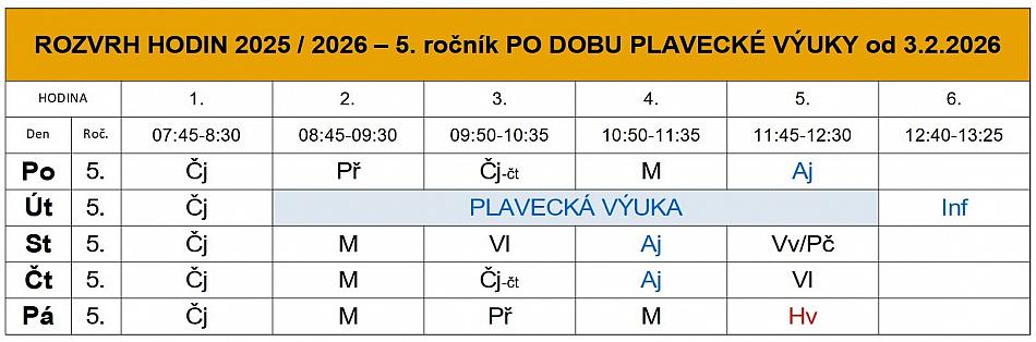 Rozvrh hodin 5. ročník 2025 / 2026