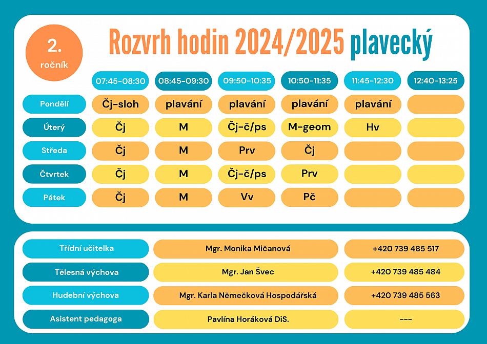 Rozvrh hodin plavecký 2. ročník 2024 / 2025
