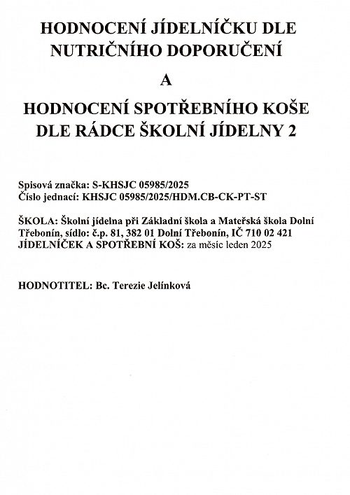 Hodnocení školní jídelny KHS za měsíc leden 2025, strana 1